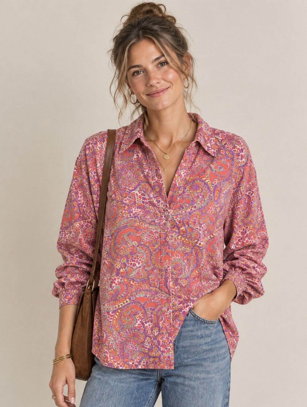 Jones NY 100% Silk Bright Paisley Vintage Button Up Blouse Shirt Retro Funky L